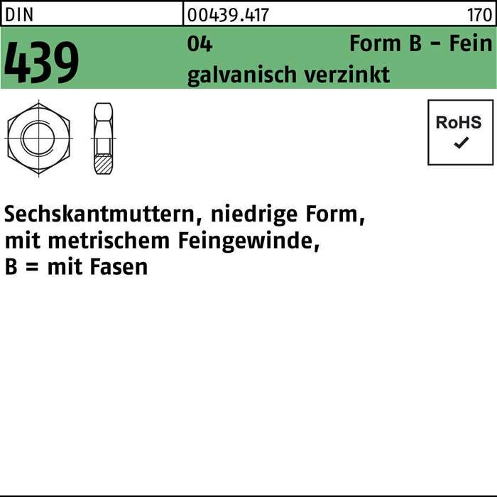 Sechskantmutter DIN 439 FormB BM 30x1,5 Automatenstahl galv.verz. 25St.