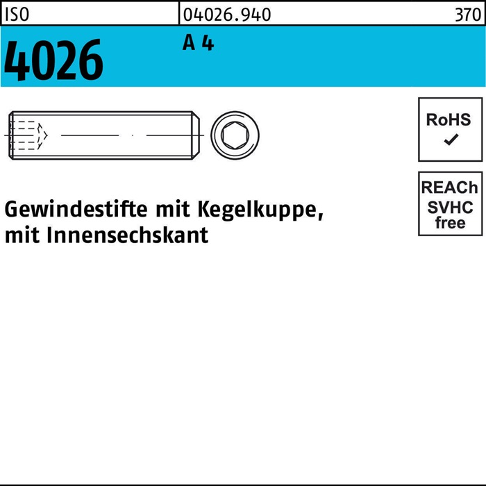 Gewindestift ISO 4026 Kegelkuppe/Innen-6kt M4x 8 A 4 500 Stück
