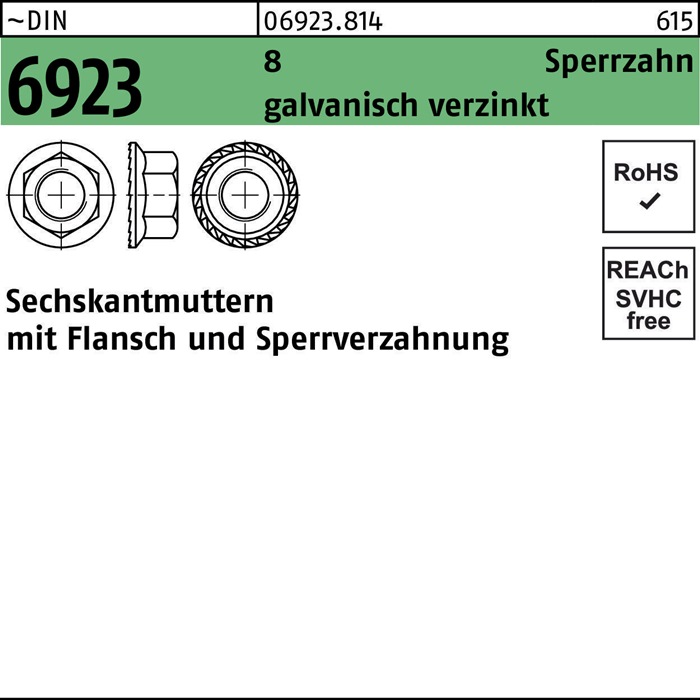 Sechskantmutter DIN 6923 Flansch/Sperrverzahnung M20 8 gal Zn 50 Stück