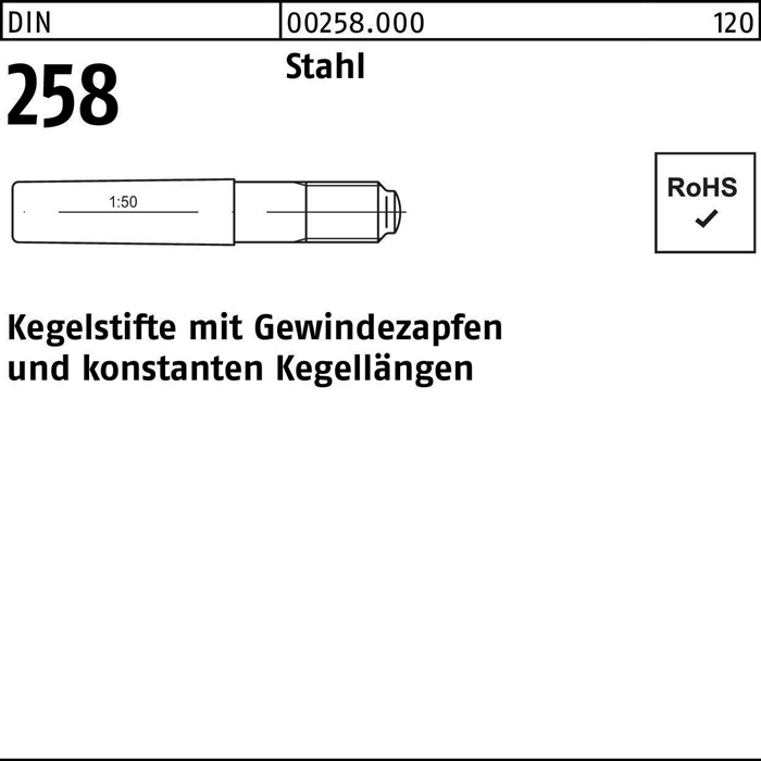 Kegelstift DIN 258 Gewindezapfen 6x 45 Stahl 25 Stück