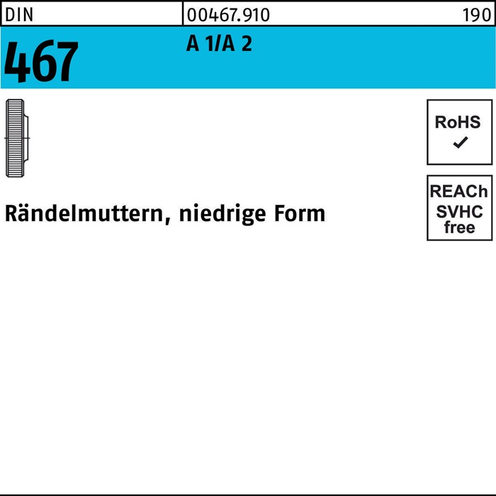 Rändelmutter DIN 467 niedrige FormM8 A 1/A 2 10 Stück