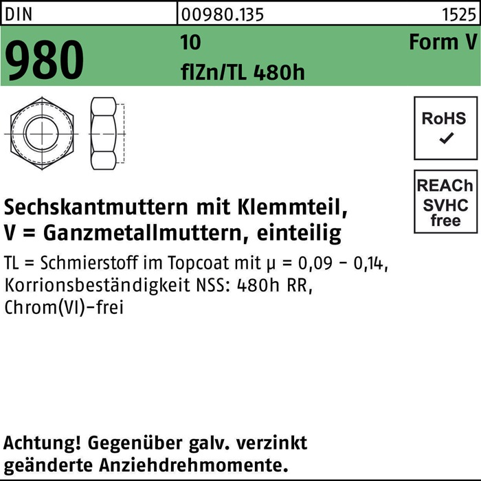 Sechskantmutter DIN 980 Klemmteil VM 8 10 flZnnc 480h-L 500St.