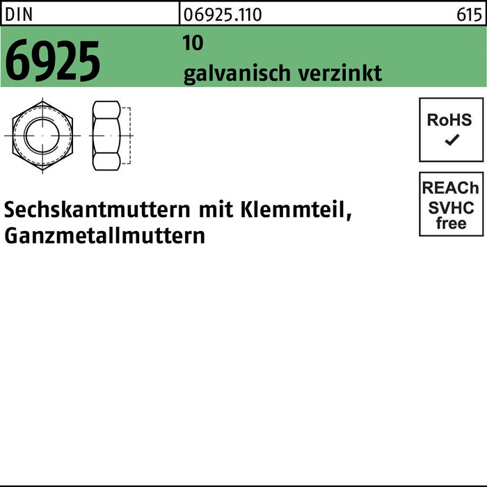 Sechskantmutter DIN 6925 Klemmteil M14 10 galv.verz. 100 Stück
