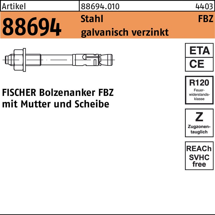 Bolzenanker R 88694 FBZ 12/30 Stahl galv.verz. 20 Stück FISCHER