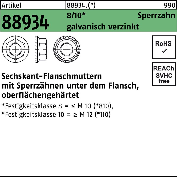 Sechskantflanschmutter R 88934 Sperrzahn M12 10 galv.verz. 100 Stück
