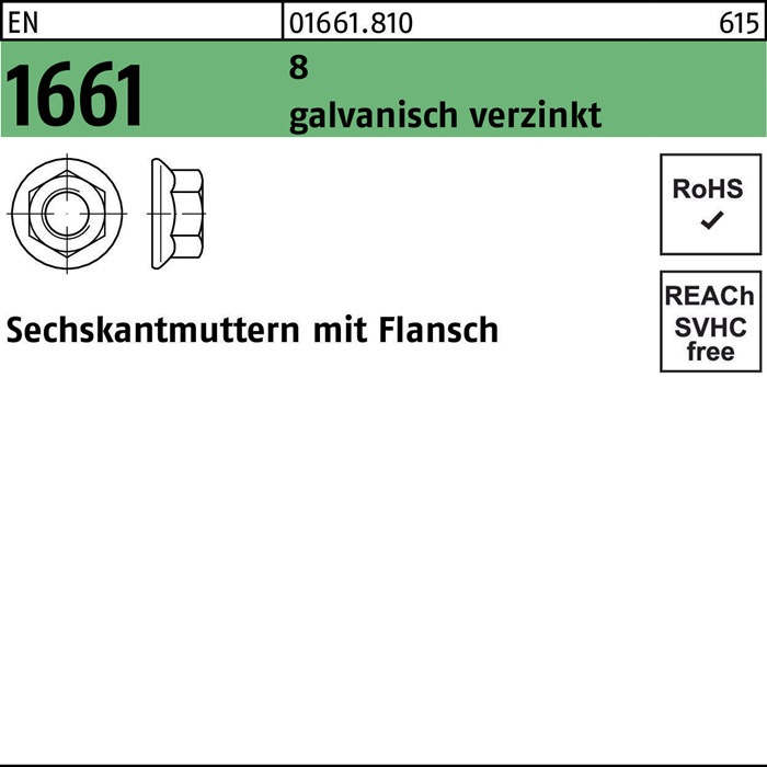 Sechskantmutter EN 1661 Flansch M4 8 galv.verz. 1000 Stück