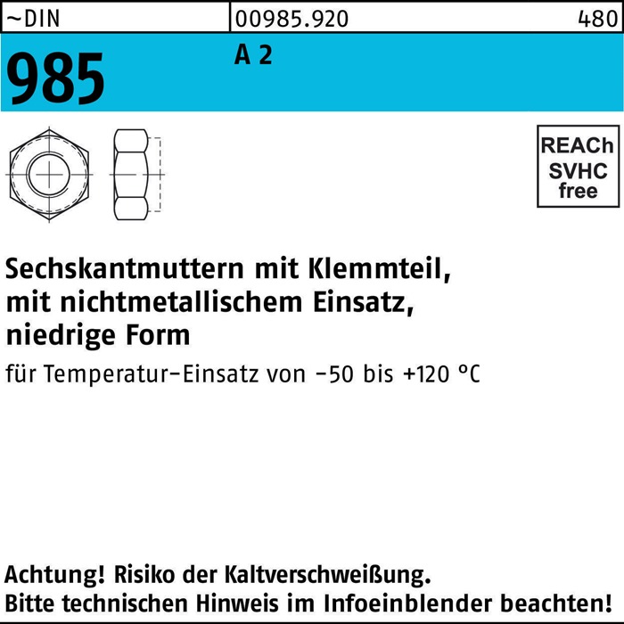 Sechskantmutter DIN 985 Klemmteil M2,5 A 2 1000 Stück