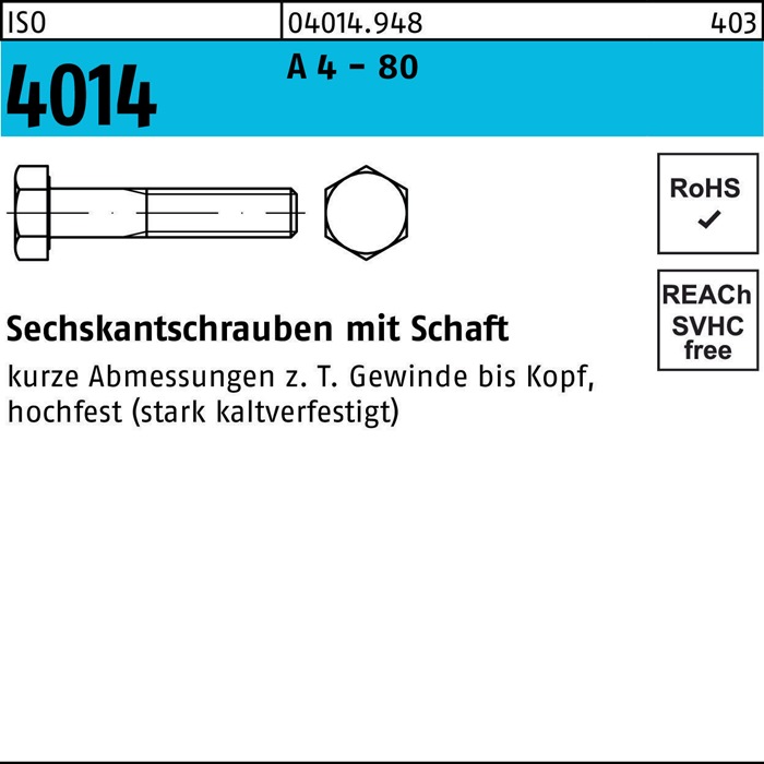 Sechskantschraube ISO 4014 Schaft M12x 120 A 4 - 80 25 Stück