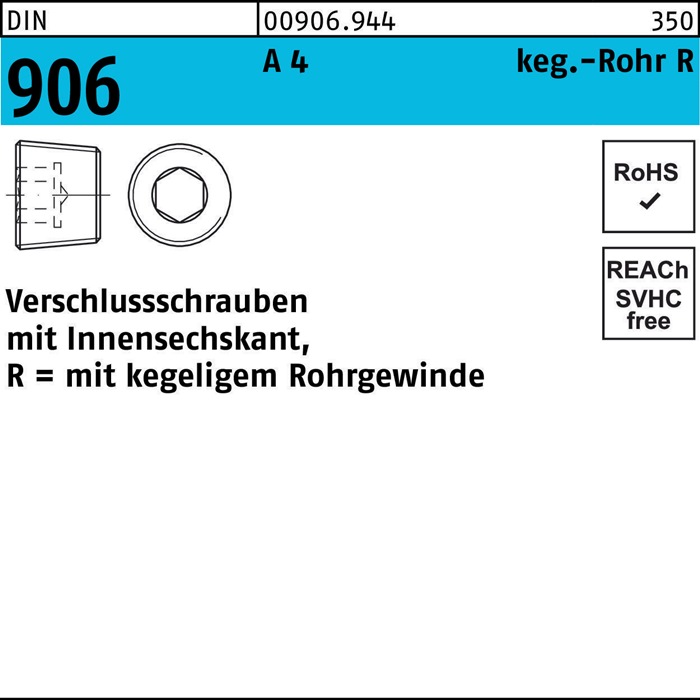 Verschlußschraube DIN 906 Innen-6kt R 3/8 A 4 100 Stück