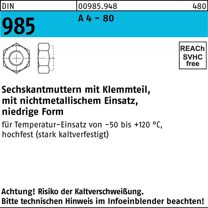 Sechskantmutter DIN 985 Klemmteil M10 A 4 - 80 500 Stück