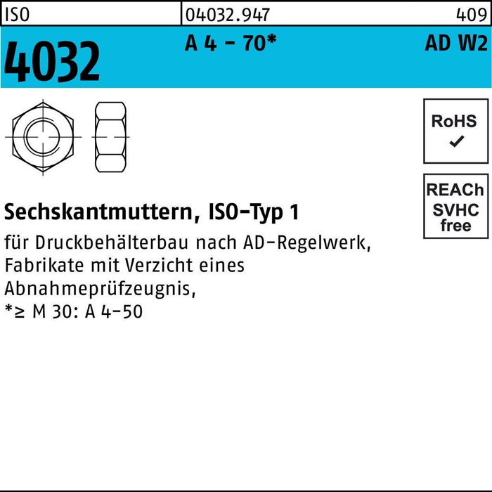 Sechskantmutter ISO 4032 M16 A 4 - 70 AD-W2 50 Stück