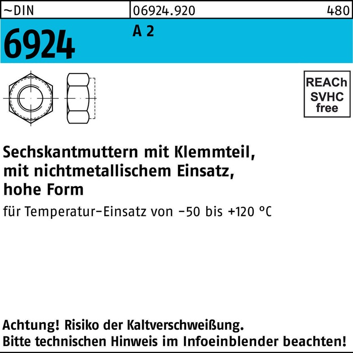 Sechskantmutter DIN 6924 Klemmteil M16 A 2 100 Stück