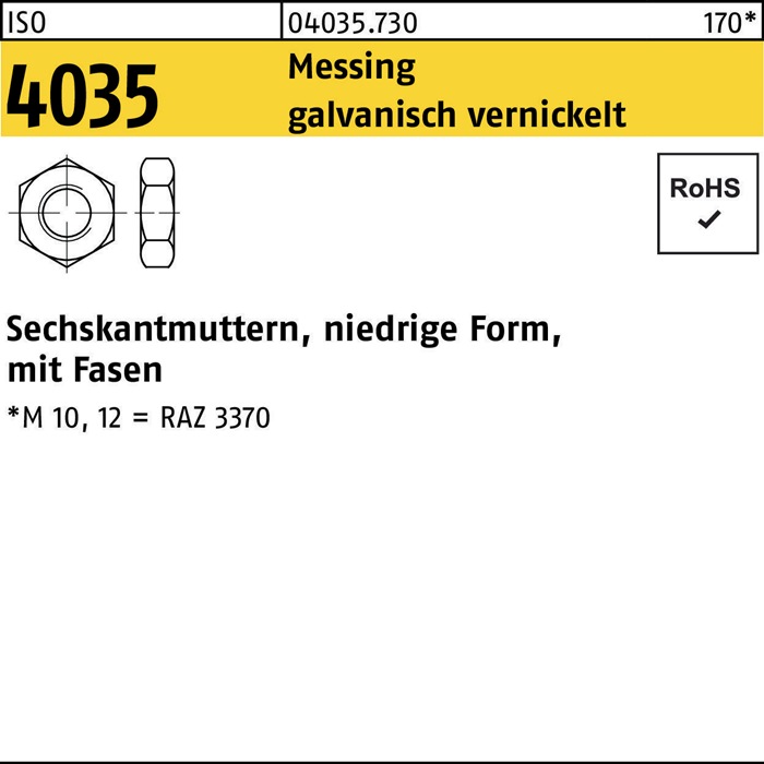 Sechskantmutter ISO 4035 niedrig Fasen M20 Messing galv. vernickelt 50St.