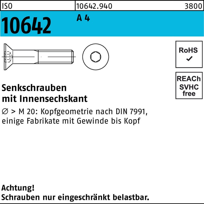 Senkschraube ISO 10642 Innensechskant M 16 x 45 A 4 25 Stück