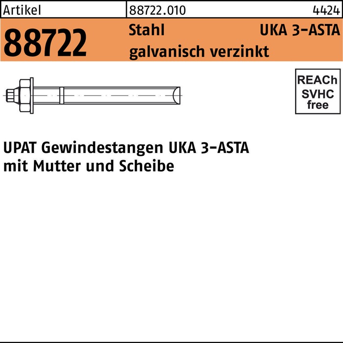 Ankerstange R 88722 ASTA M12x220 Stahl galv.verz. 10 Stück UPAT