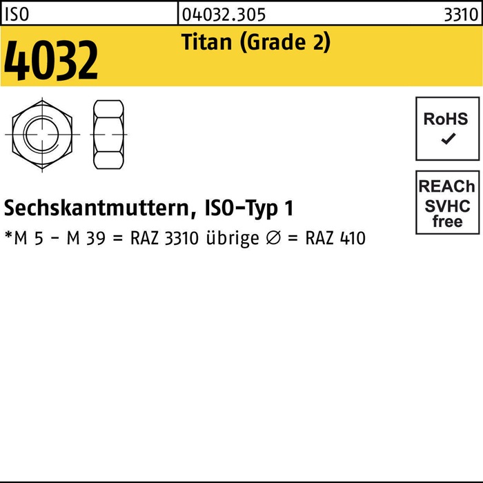 Sechskantmutter ISO 4032 M16 Titan (Grade 2) 25 Stück