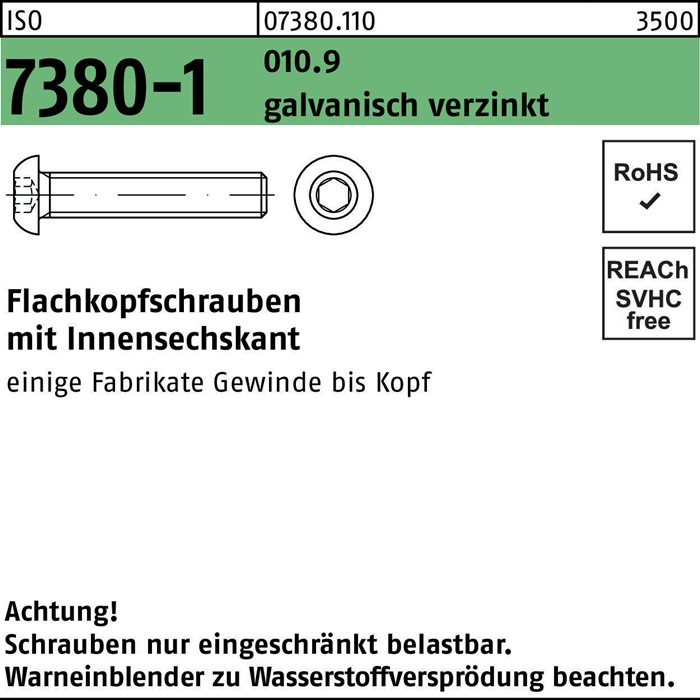 Flachkopfschraube ISO 7380-1 Innen-6kt M12x45 010.9 galv.verz. 100St.