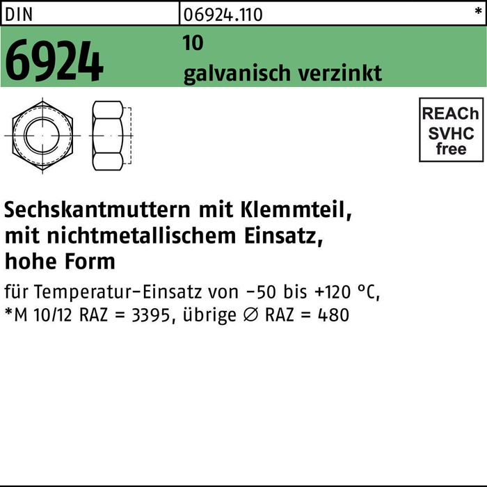 Sechskantmutter DIN 6924 Klemmteil M10 10 galv.verz. 100 Stück