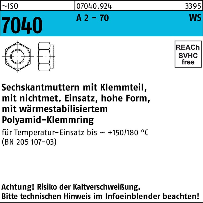 Sechskantmutter ISO 7040 Klemmteil M3 A 2 - 70 brauner Ring 1000 Stück
