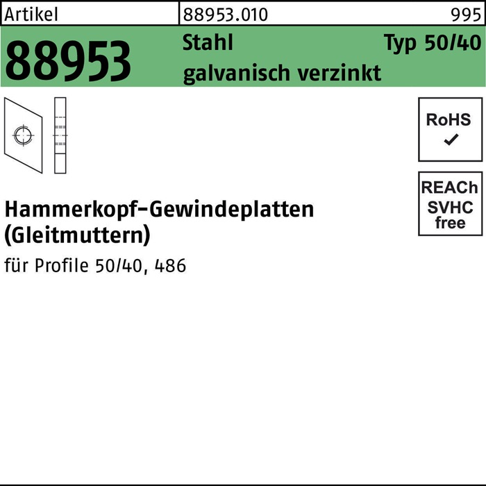 Hammerkopfgewindeplatte R 88953 Typ 50/40 M6 Stahl galv.verz. 100Stück
