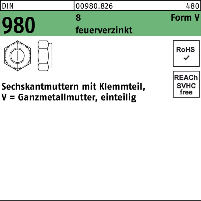 Sechskantmutter DIN 980 Klemmteil V M8 8 feuerverz. 100 Stück