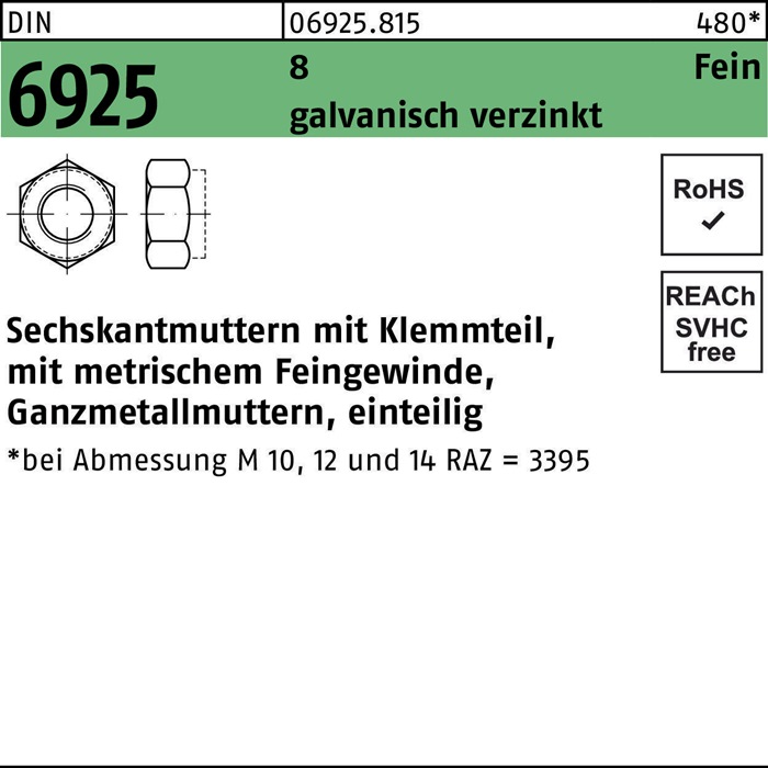 Sechskantmutter DIN 6925 Klemmteil M24x 1,5 8 galv.verz. 25 Stück