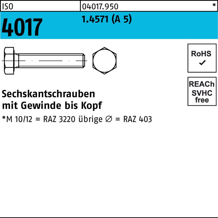 Sechskantschraube ISO 4017 VG M8x 40 A 5 100 Stück