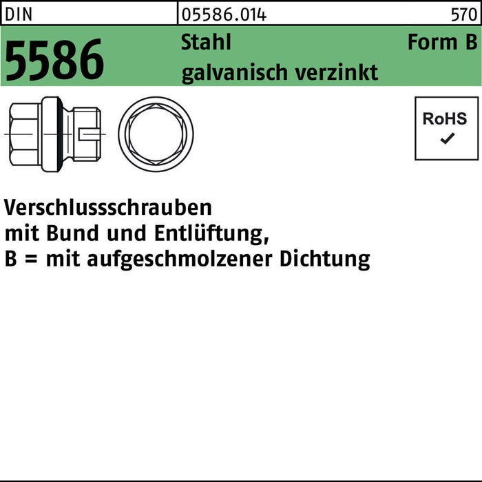 Verschlußschraube DIN 5586 FormB BG 1/4 A + Entlüftung Stahl gal Zn 100 Stück