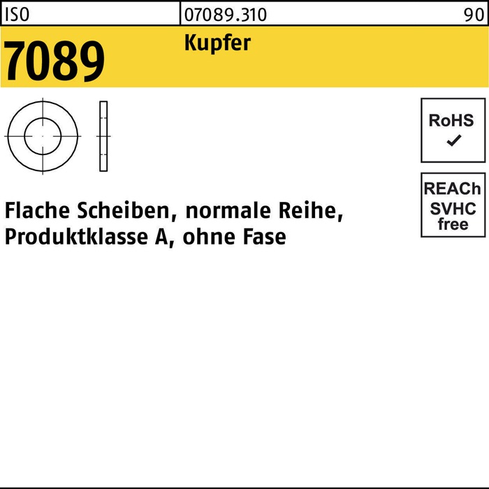 Unterlegscheibe ISO 7089 o.Fase 6 Kupfer 100 Stück