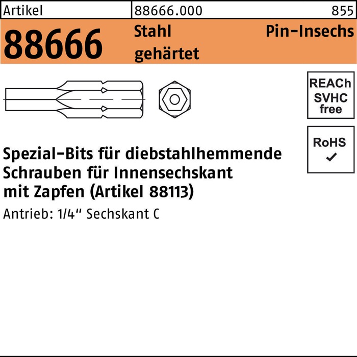 Bit R 88666 Innen-6kt Zapfen SW2,5/M 4 Stahl gehärtet 1 Stück