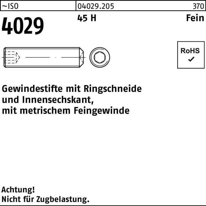 Gewindestift ISO 4029 Ringschneide/Innen-6kt M8x1x30 45 H Feingew. 200St.