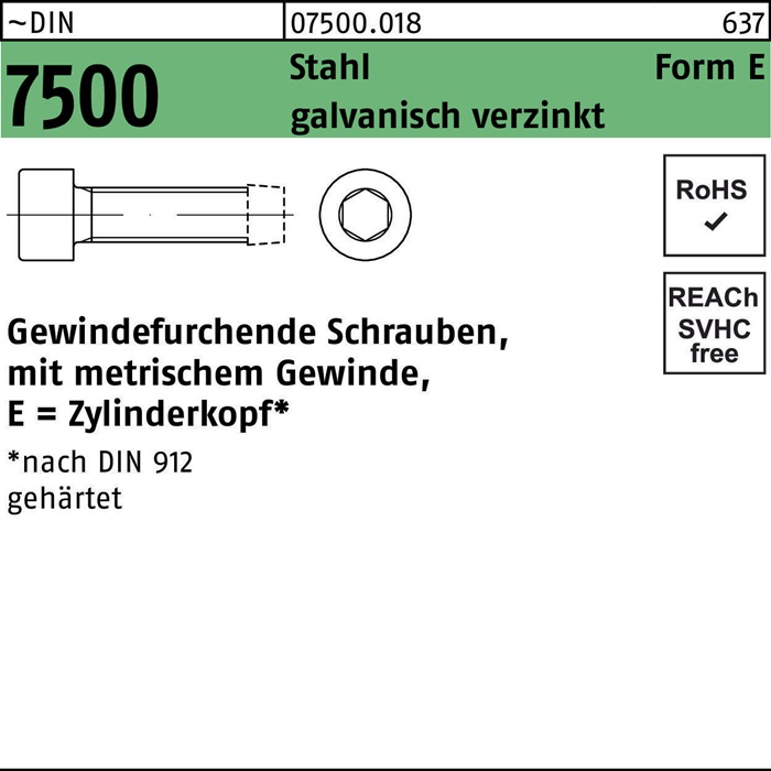 Gewindefurchendeschraube DIN 7500 ZYLKO Innen-6kt E M5x16 Sta galv.verz. 2000St.