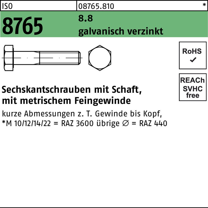 Sechskantschraube ISO 8765 Schaft M16x1,5x150 8.8 galv.verz. 25St.