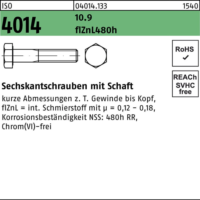Sechskantschraube ISO 4014 Schaft M10x 45 10.9 zinklamellenb. 100 Stück