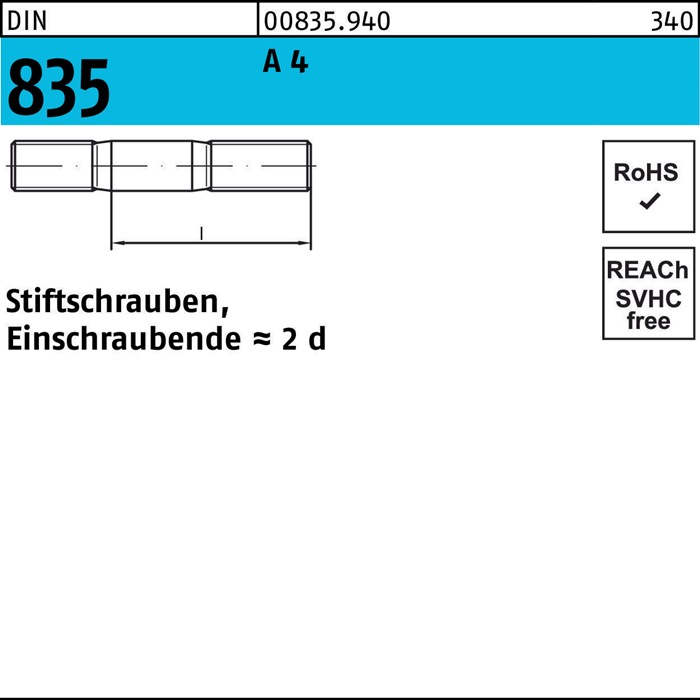Stiftschraube DIN 835 M12x 35 A 4 Einschraubende=2d 10 Stück