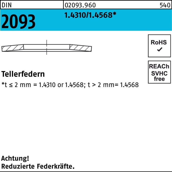Tellerfeder DIN 2093 28x14,2x1 1.4310/1.4568 200 Stück