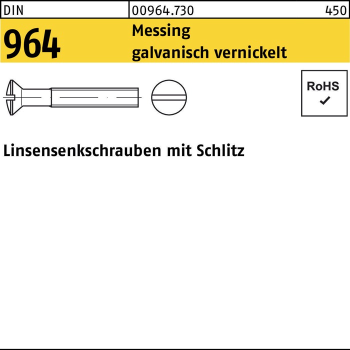 Linsensenkschraube DIN 964 Schlitz M6x 16 Messing galv. vernickelt 200St.