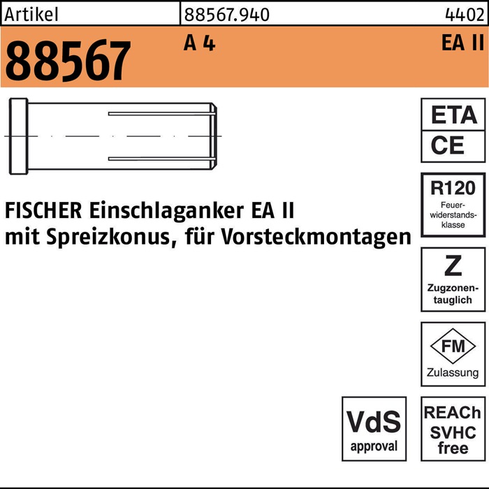 Einschlaganker R 88567 EA II M12x50 A 4 25 Stück FISCHER