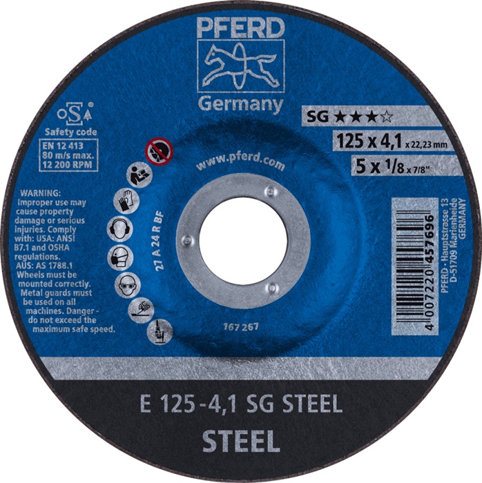 Schruppscheibe SG STEEL D125xS4,1mm gekr.STA Bohr.22,23mm PFERD