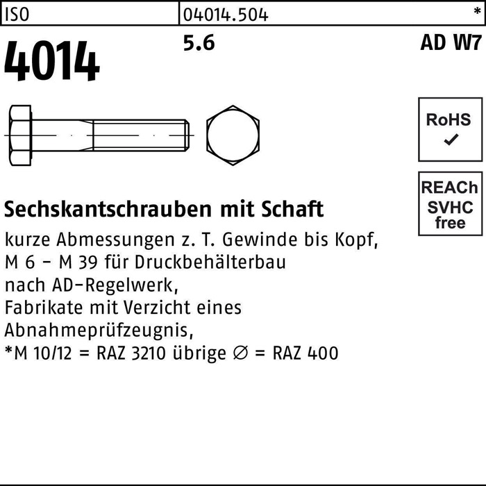 Sechskantschraube ISO 4014 Schaft M33x 210 5.6 W7 1 Stück