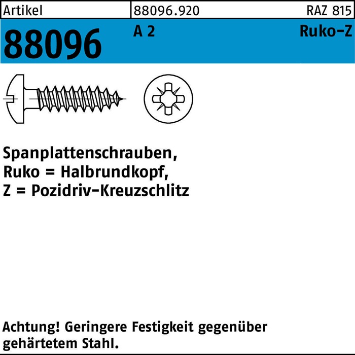 Spanplattenschraube R 88096 Halbrundkopf PZ 4,5x35-Z A 2 500St.