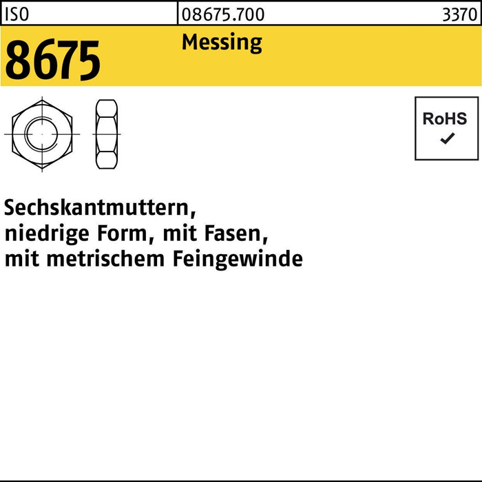 Sechskantmutter ISO 8675 Fasen M10x 1 Messing 100 Stück