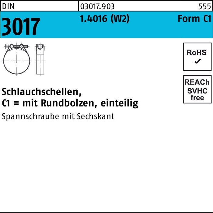 Schlauchschelle DIN 3017 W2 FormC1 130-140/30 1.4016 Schraube galv.verz. 10St.