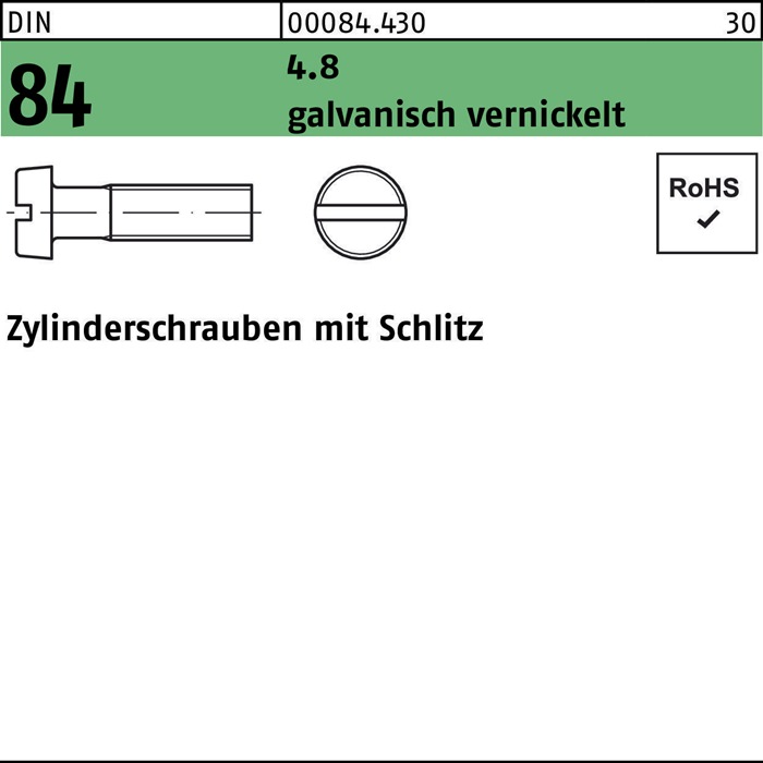Zylinderschraube DIN 84 m.Schlitz M5x12 4.8 galv. vernickelt 1000St.
