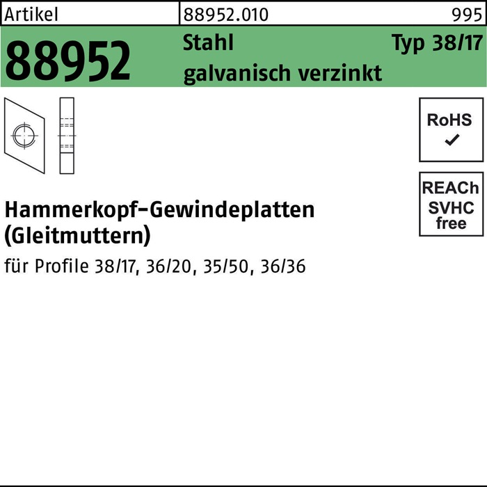 Hammerkopfgewindeplatte R 88952 Typ 38/17 M8 Stahl galv.verz. 100Stück