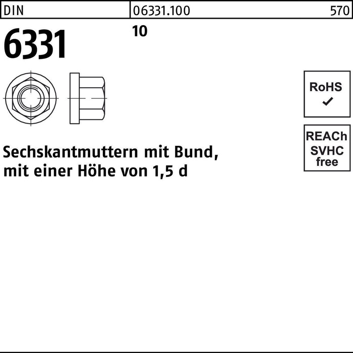 Sechskantmutter DIN 6331 Bund M14 SW 22 10 10 Stück