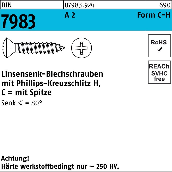 Linsensenkblechschraube DIN 7983 PH C 2,9x 13-H A 2 1000 Stück