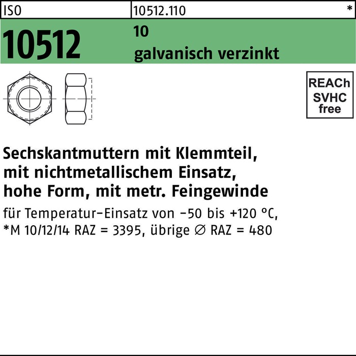 Sechskantmutter ISO 10512 m.Klemmteil M20x1,5 10 galv.verz. 50St.