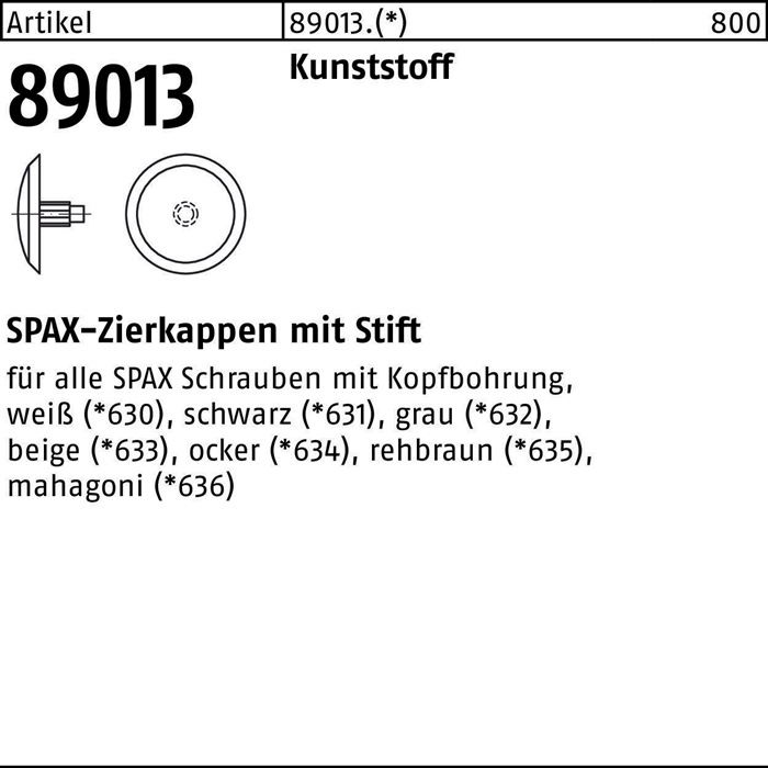 Kappe R 89013 Kopfbohrung sw Ku. 500 Stück SPAX