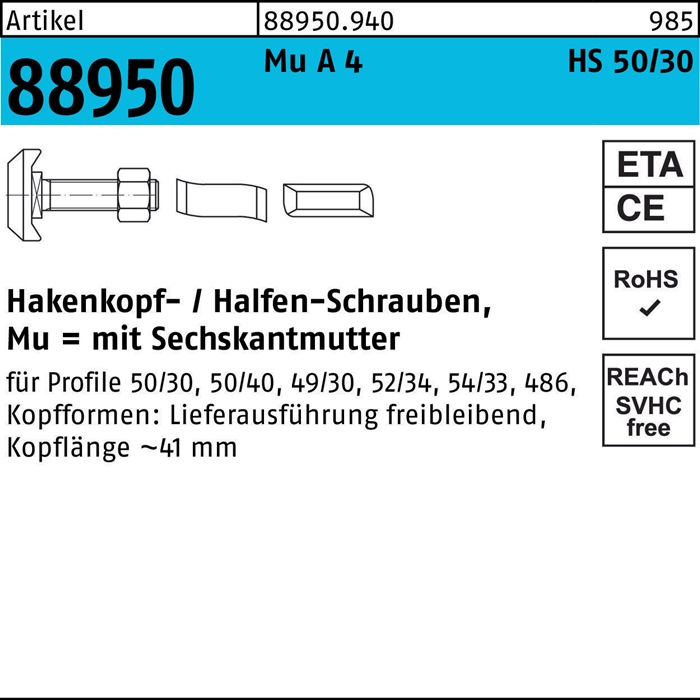 Hammerkopfschraube R 88950 Typ 50/30 6-ktmutter M12x 40 Mu A 4 25St. HALFEN